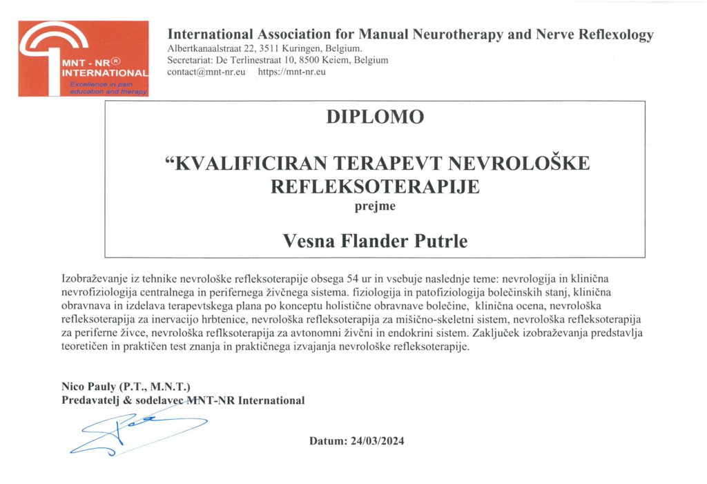 diploma "kvalificiran terapevt nevrološke refleksoterapije"